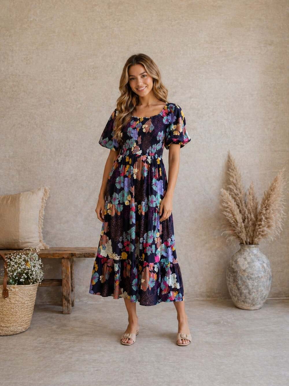 Polagram Floral Smocked Tiered Midi Dress Size M Cottagecore Boho